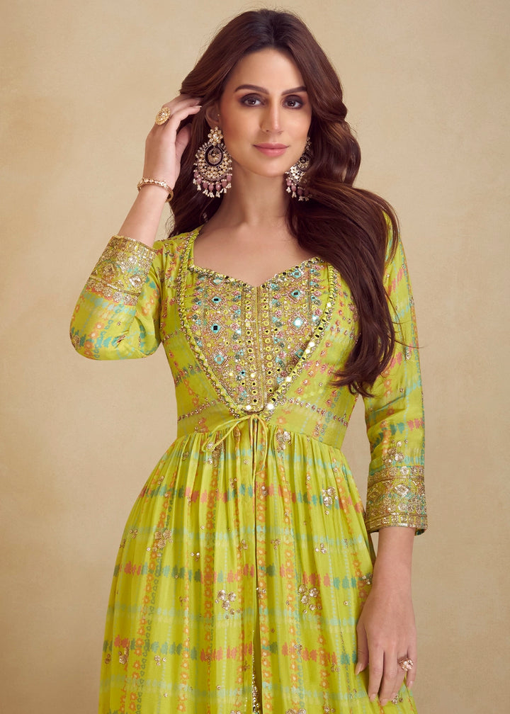 Volt Green Chinon Silk Palazzo Set with Digital Print & Long Jacket