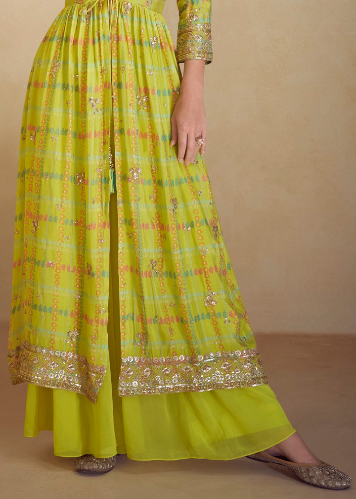 Volt Green Chinon Silk Palazzo Set with Digital Print & Long Jacket