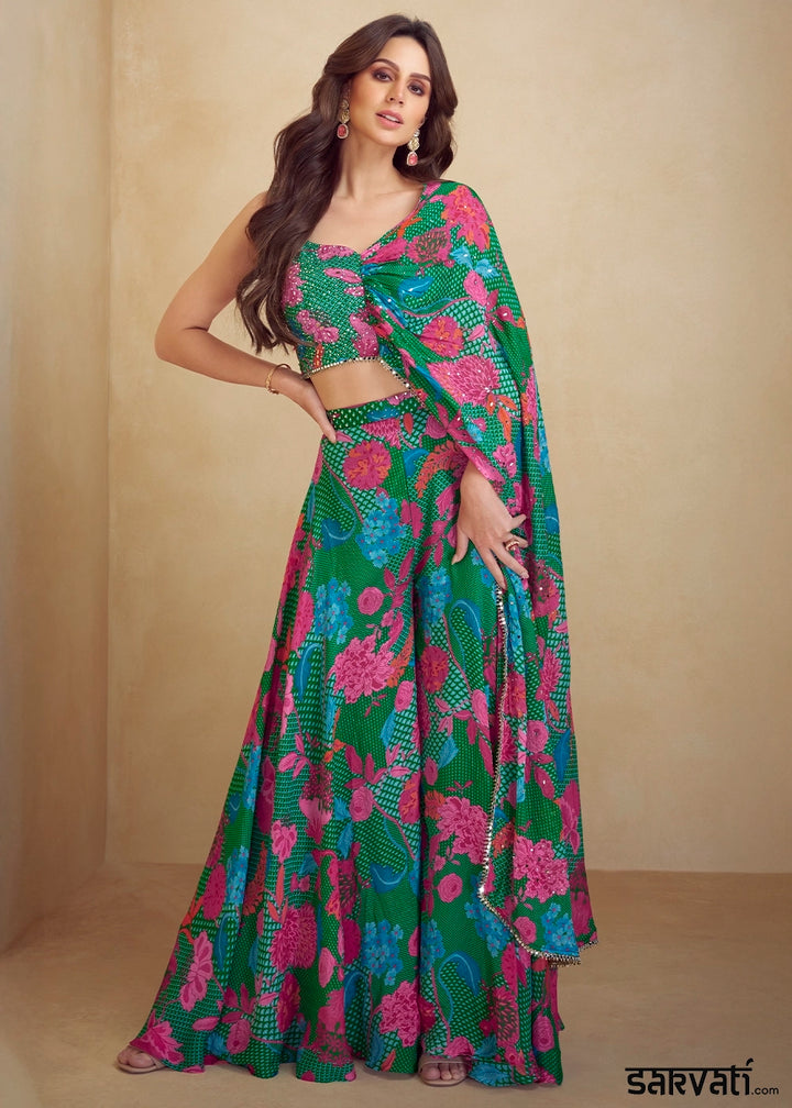 Green & Blue Multi-Toned Chinon Silk Palazzo Set with Digital Print & Dupatta