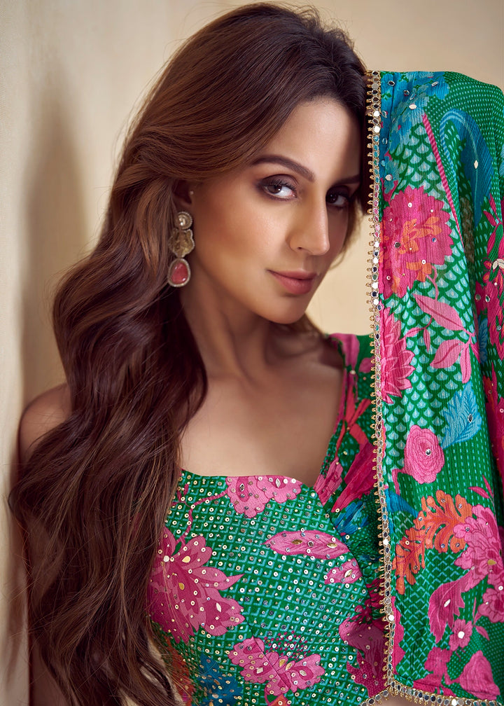 Green & Blue Multi-Toned Chinon Silk Palazzo Set with Digital Print & Dupatta