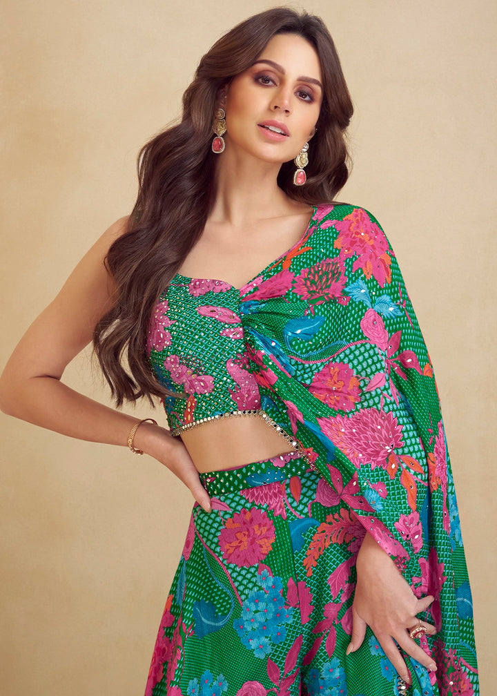 Green & Blue Multi-Toned Chinon Silk Palazzo Set with Digital Print & Dupatta