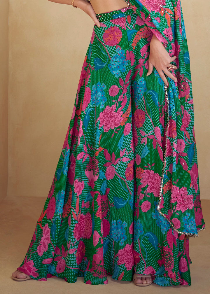 Green & Blue Multi-Toned Chinon Silk Palazzo Set with Digital Print & Dupatta
