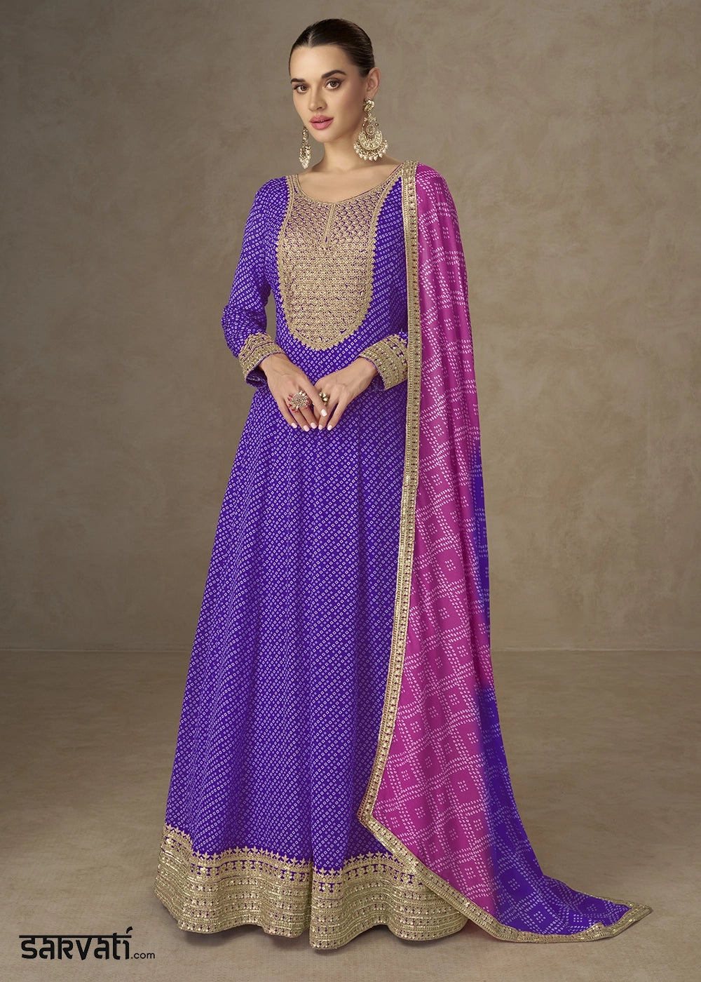 fitted lace wedding dress Royal Purple Bandhani Print Dresses – Mantra Gujarat main image 1