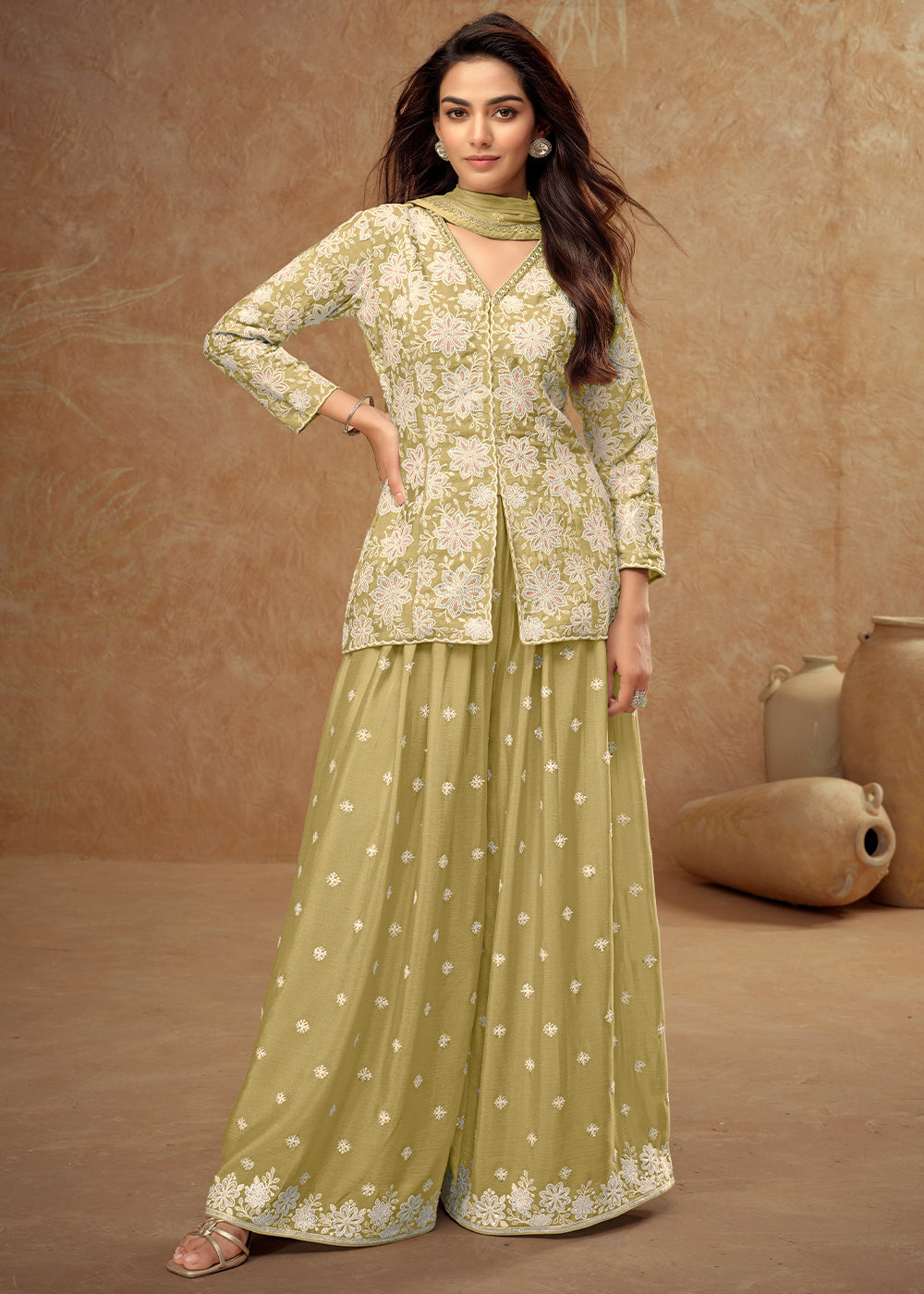 Olive Green Swarovski Embroidered Palazzo Suit
