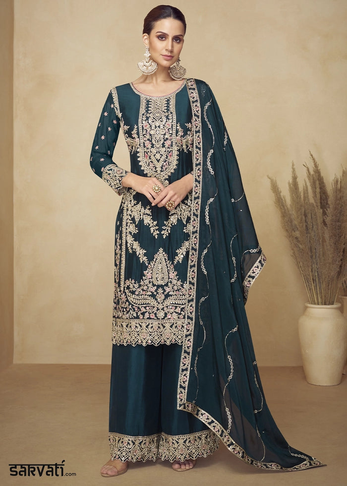 Dark Teal Chinon Palazzo Suit with Heavy Embroidery Work