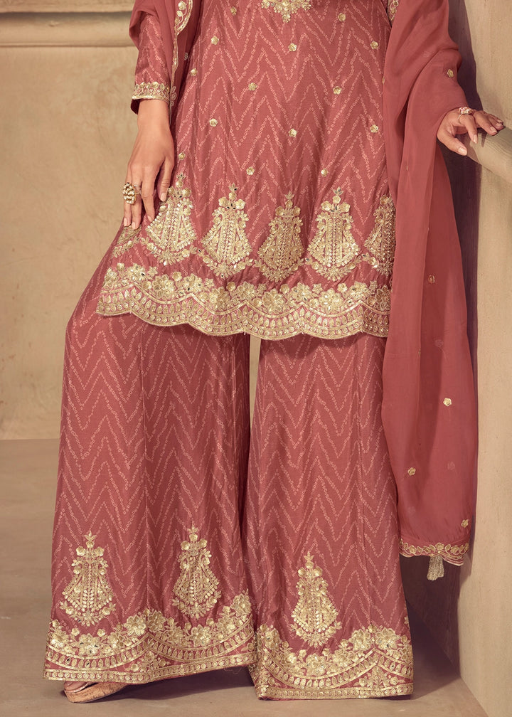 Chestnut Brown Chinon Silk Palazzo Suit with Digital Print and Embroidery