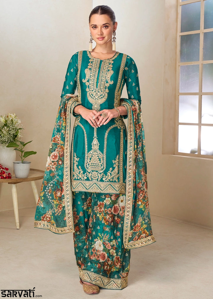 Turquoise Blue Floral Print Palazzo Suit in Chinon Silk with Embroidered Detailing