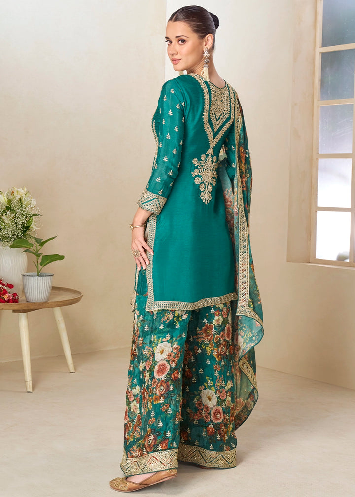 Turquoise Blue Floral Print Palazzo Suit in Chinon Silk with Embroidered Detailing