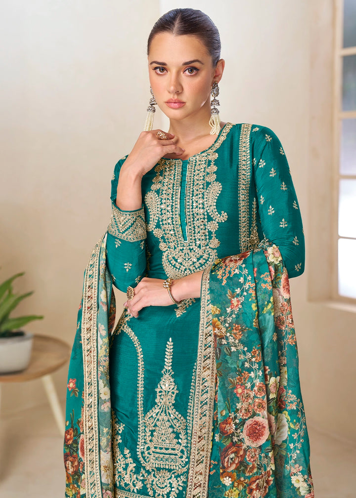 Turquoise Blue Floral Print Palazzo Suit in Chinon Silk with Embroidered Detailing