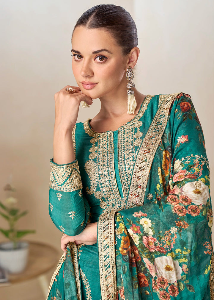 Turquoise Blue Floral Print Palazzo Suit in Chinon Silk with Embroidered Detailing