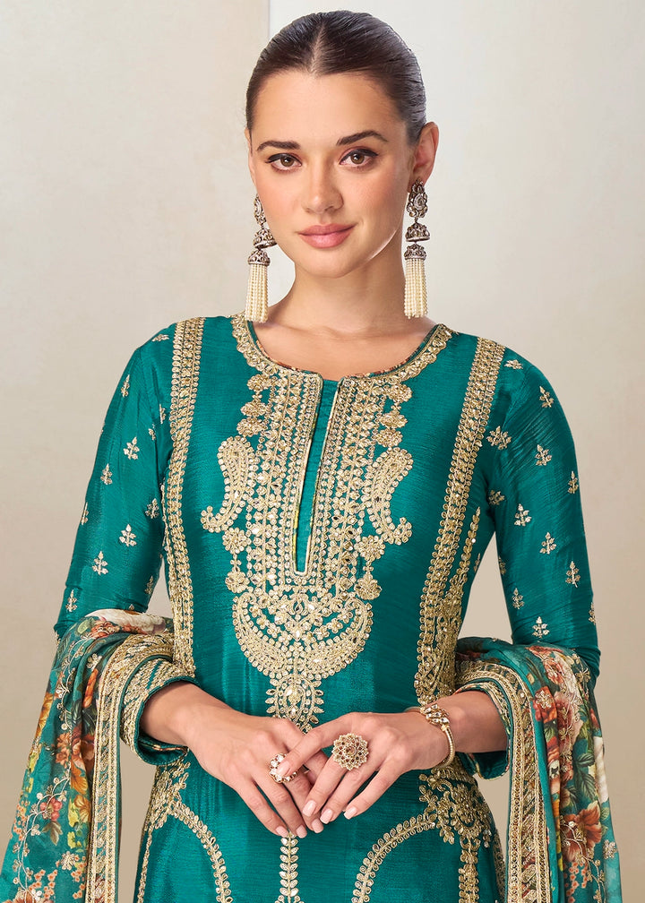 Turquoise Blue Floral Print Palazzo Suit in Chinon Silk with Embroidered Detailing