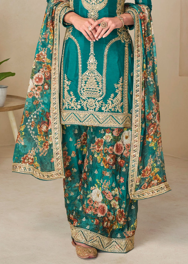 Turquoise Blue Floral Print Palazzo Suit in Chinon Silk with Embroidered Detailing