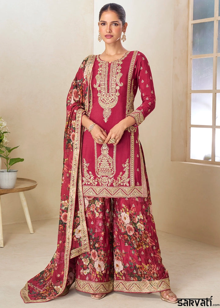 Raspberry Red Floral Print Palazzo Suit in Chinon Silk with Embroidered Detailing