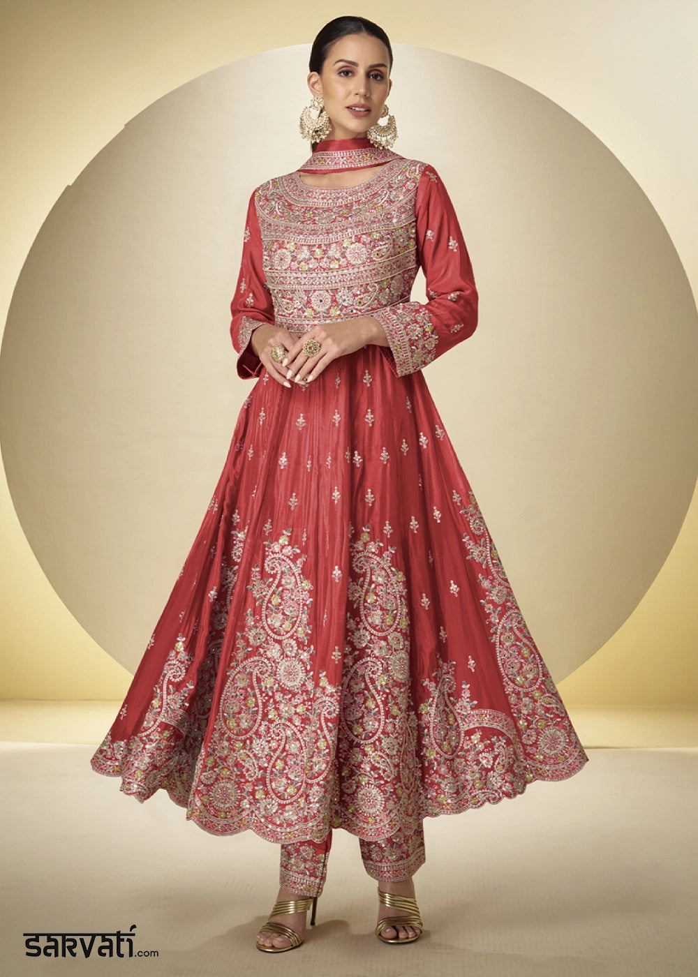 Sarvati Vermillion Orange Chinon Silk Anarkali | USA  House of Sarvatii LLC