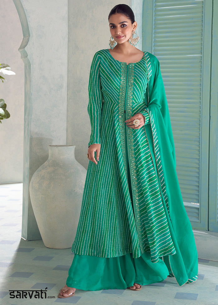 Teal Green Chinon Silk Leheriya Palazzo Suit with Mirror Work
