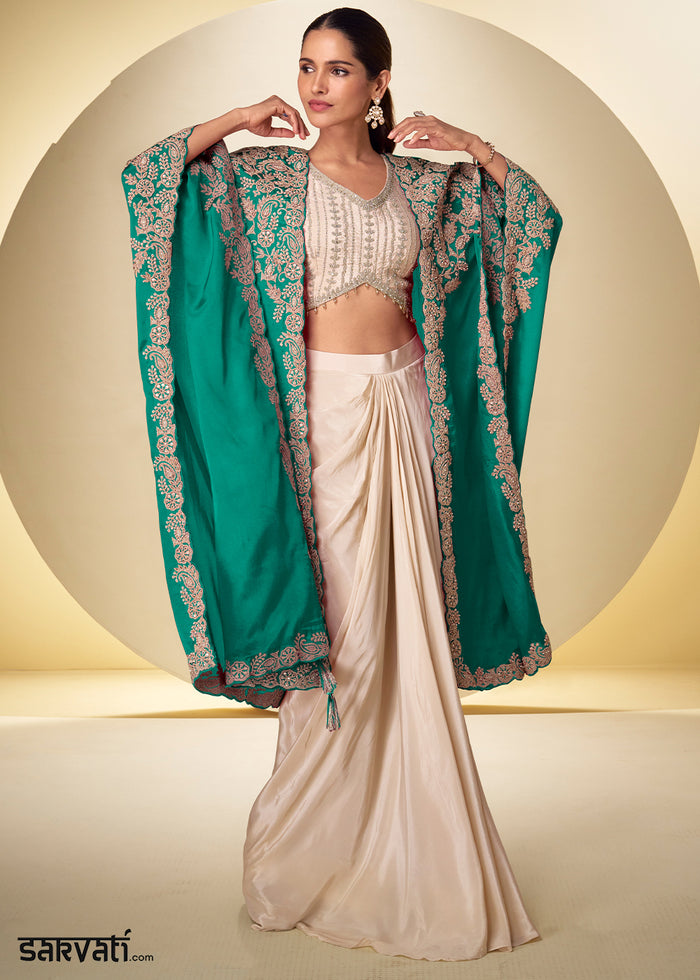 Champagne Gold Emerald Green Chinon Silk Indo Western Suit with Intricately Embroidered Cape