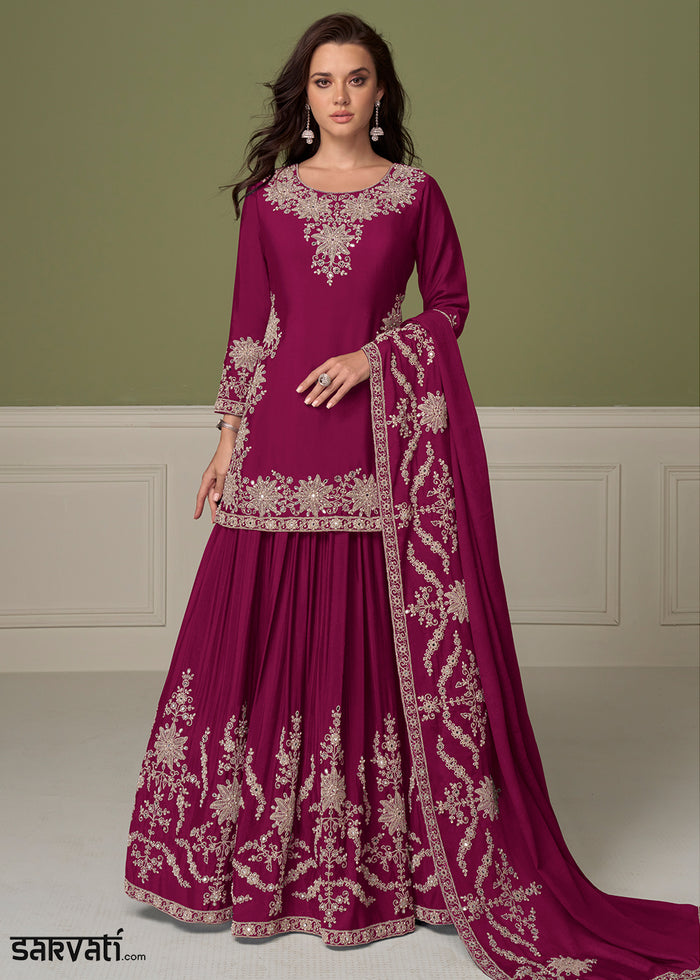 Berry Pink Chinon Silk Indo-Western Kurta Skirt Set with Zari Embroidery