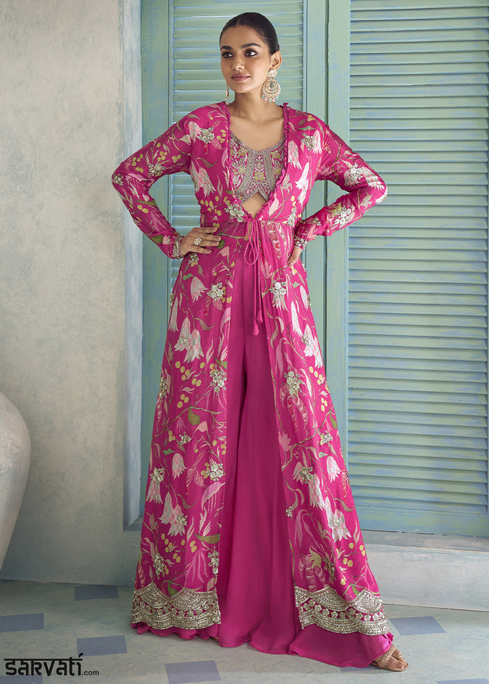 Magenta Pink Chinon Silk Embroidered Palazzo Suit with Floral Overlay Jacket
