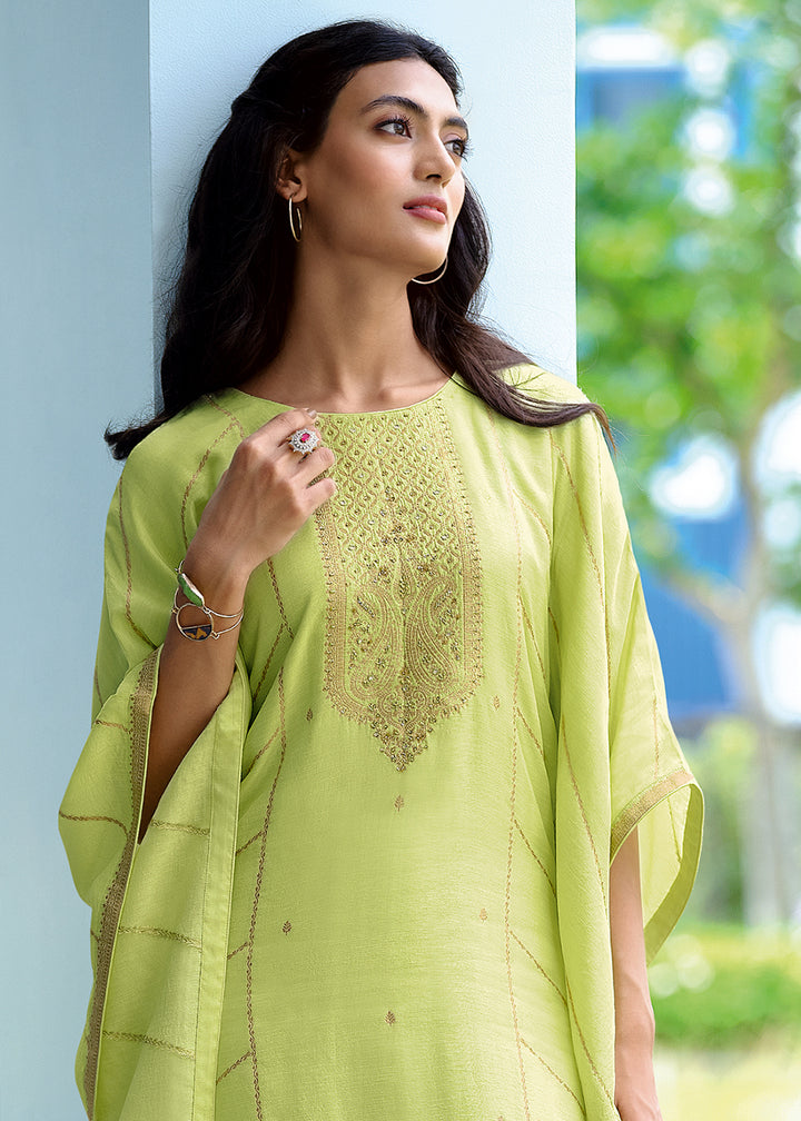 Celadon Green Viscose Kaftan Set Adorned with Delicate Handwork