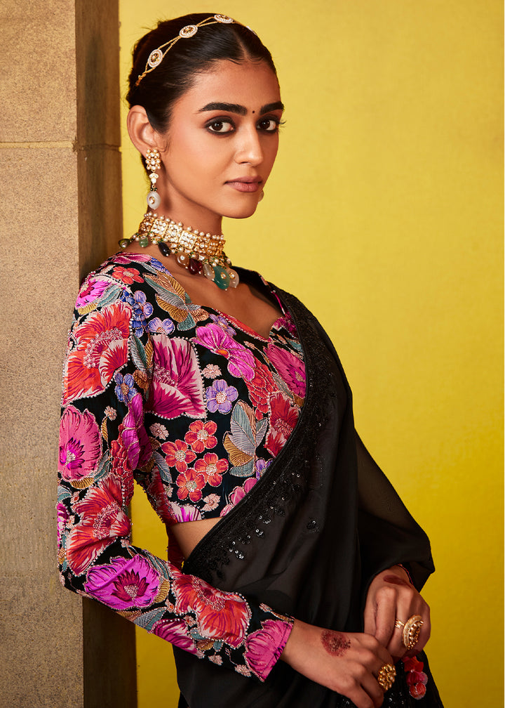 Pebble Black Tissue Silk Saree with Stunning Sequins and Thread Embroidery work