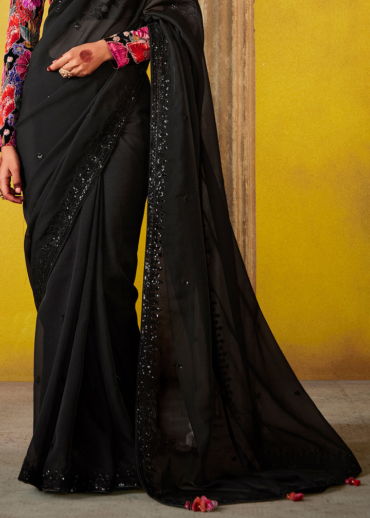 Pebble Black Tissue Silk Saree with Stunning Sequins and Thread Embroidery work
