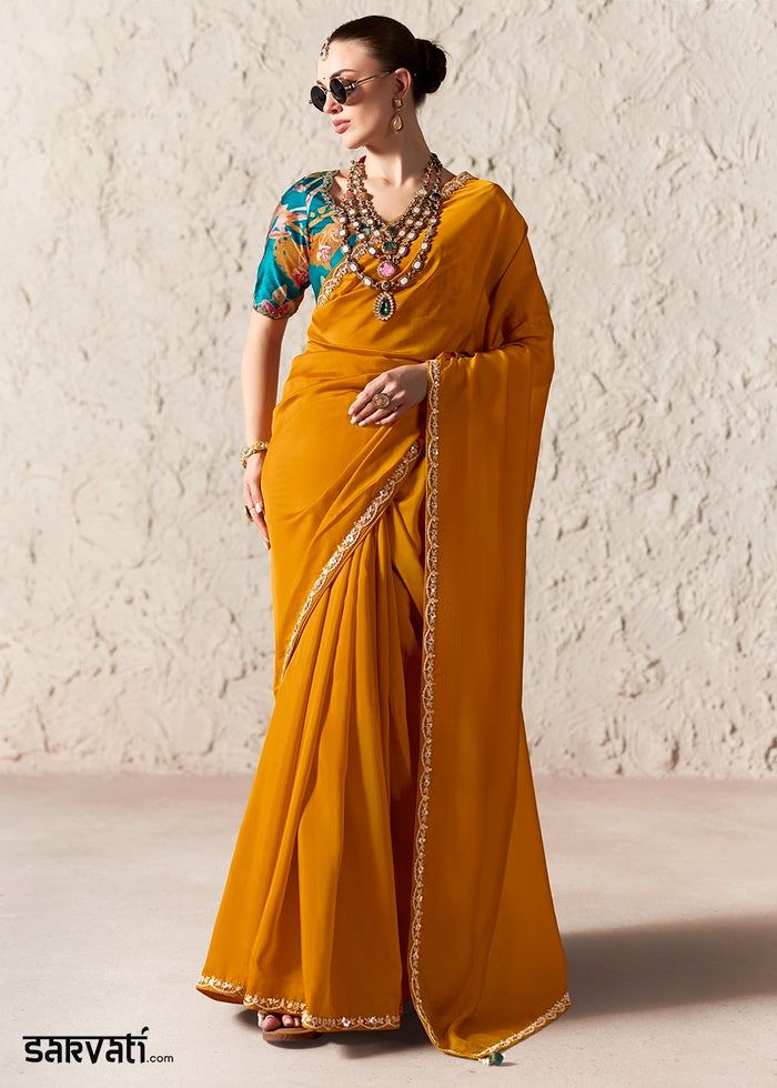 Dark Mustard Yellow Tissue Saree with Dhaga,Thread & Sequin Embellishments