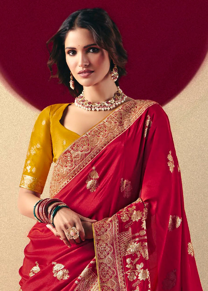 Crimson Red Viscose Dola Silk Saree with Intricate Zari Weaving