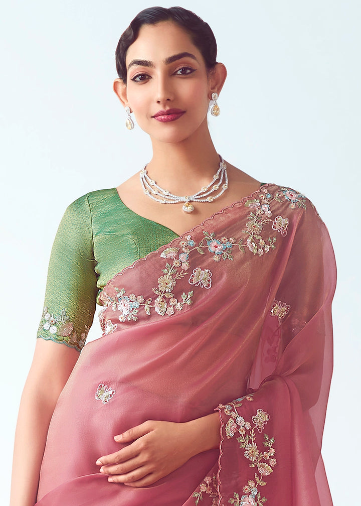 Rose Pink Tissue Saree with Floral Embroidery Design