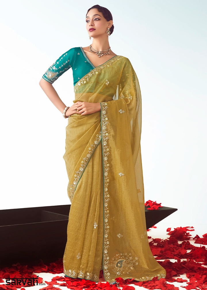 Mustard Yellow Tissue Saree with Floral Embroidery Design
