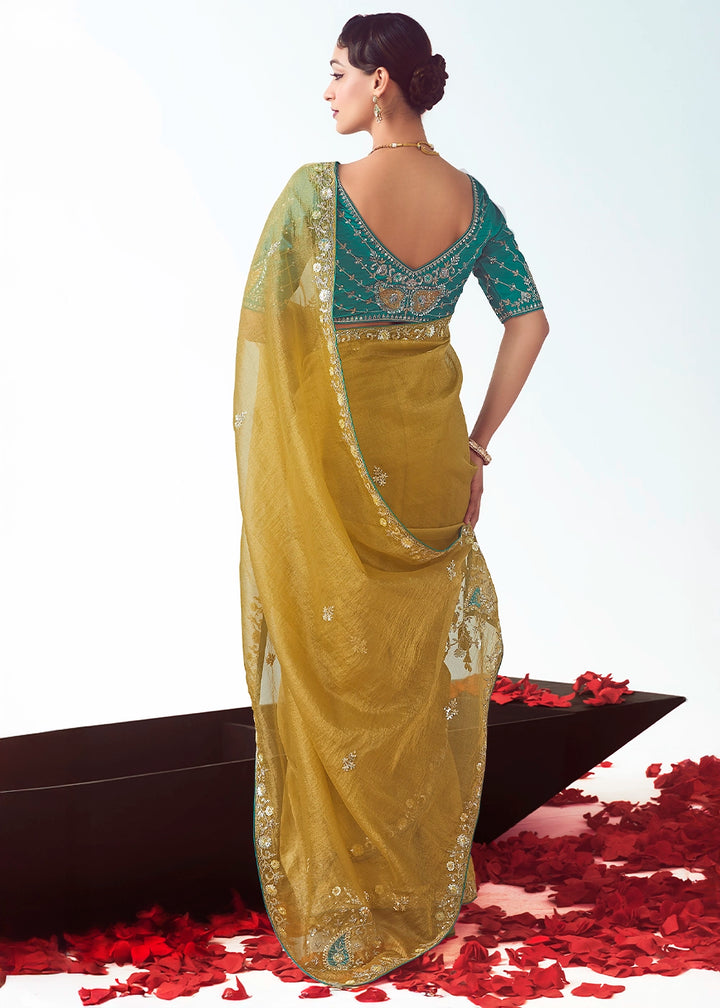 Mustard Yellow Tissue Saree with Floral Embroidery Design