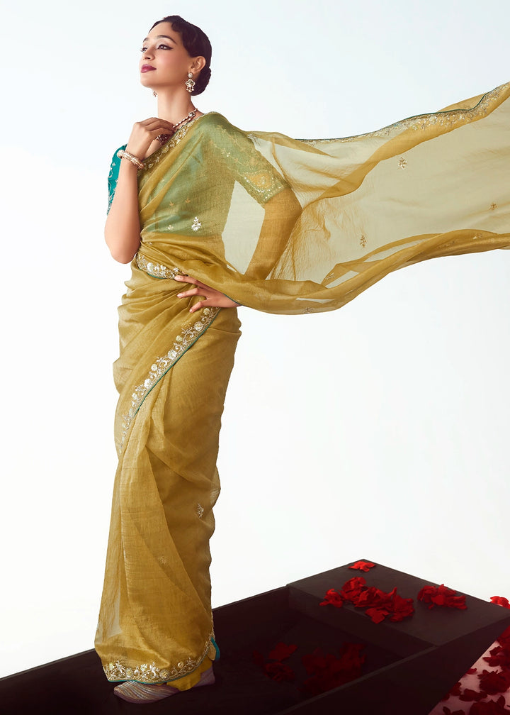 Mustard Yellow Tissue Saree with Floral Embroidery Design