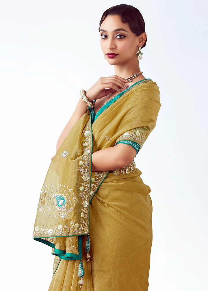 Mustard Yellow Tissue Saree with Floral Embroidery Design