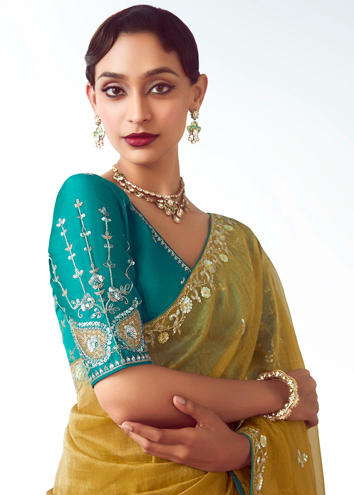 Mustard Yellow Tissue Saree with Floral Embroidery Design