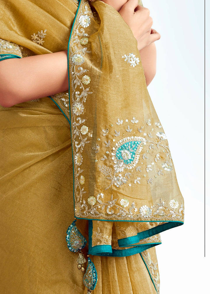 Mustard Yellow Tissue Saree with Floral Embroidery Design