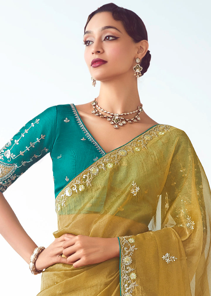 Mustard Yellow Tissue Saree with Floral Embroidery Design