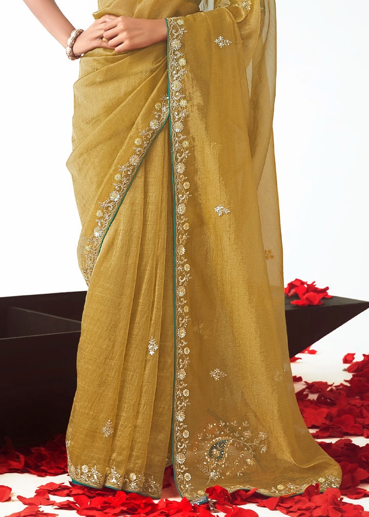 Mustard Yellow Tissue Saree with Floral Embroidery Design