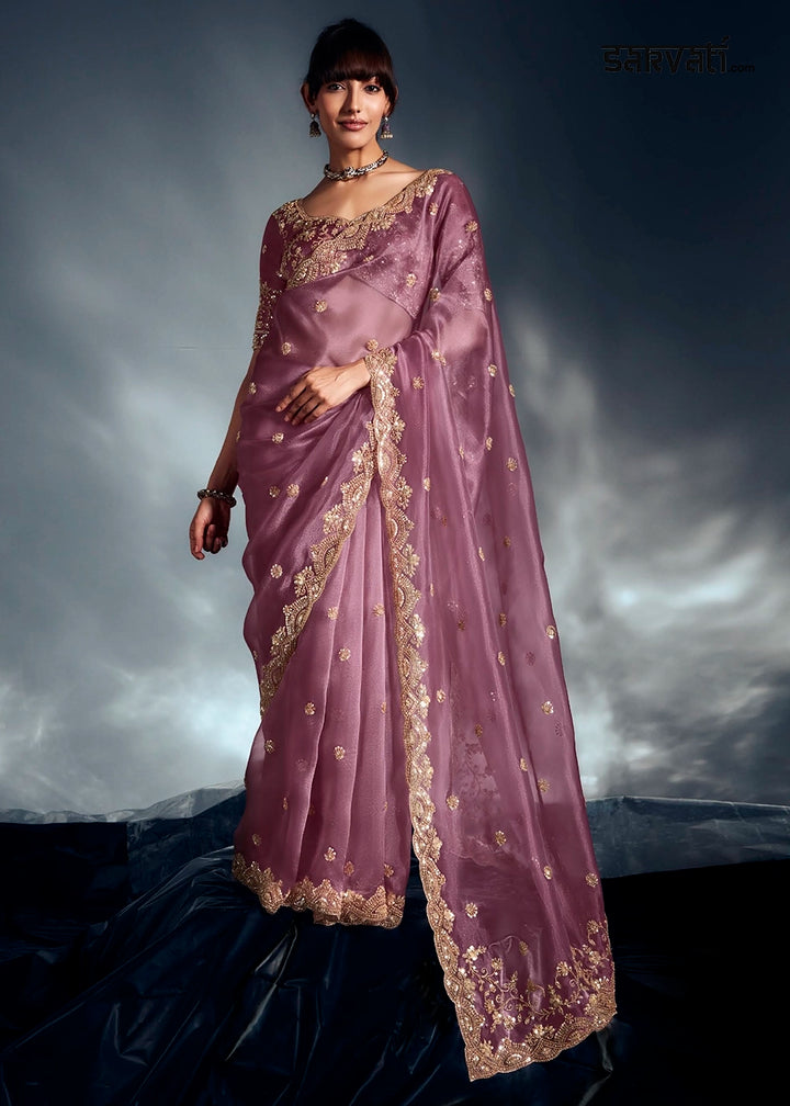 Lilac Purple Designer Saree in Tissue Fabric with Hand Embroidery