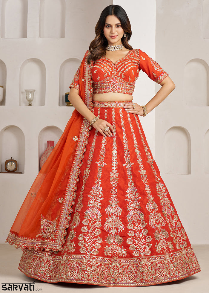 Tones Of Orange Banarasi Silk Lehenga Choli with Exquisite Floral Zari Detailing