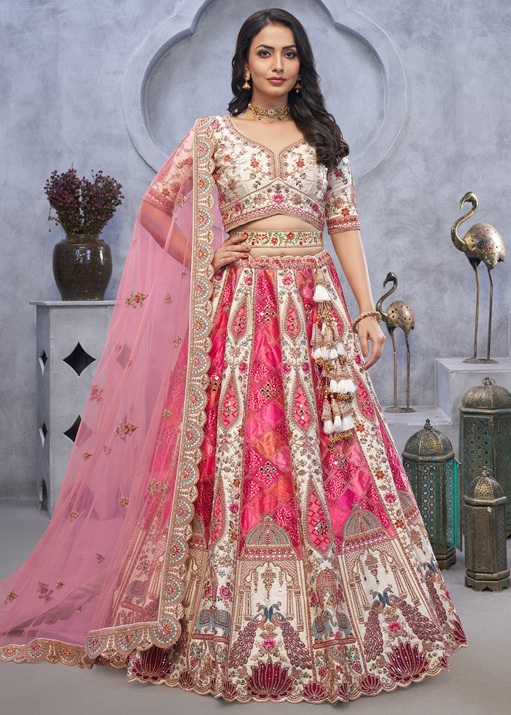 Cream White Organza Silk Lehenga for Brides with Peacock and Temple Motifs