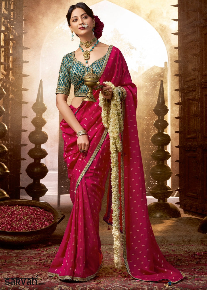 Raspberry Pink Butta Work Viscose Silk Saree Paired with Embroidered Blouse