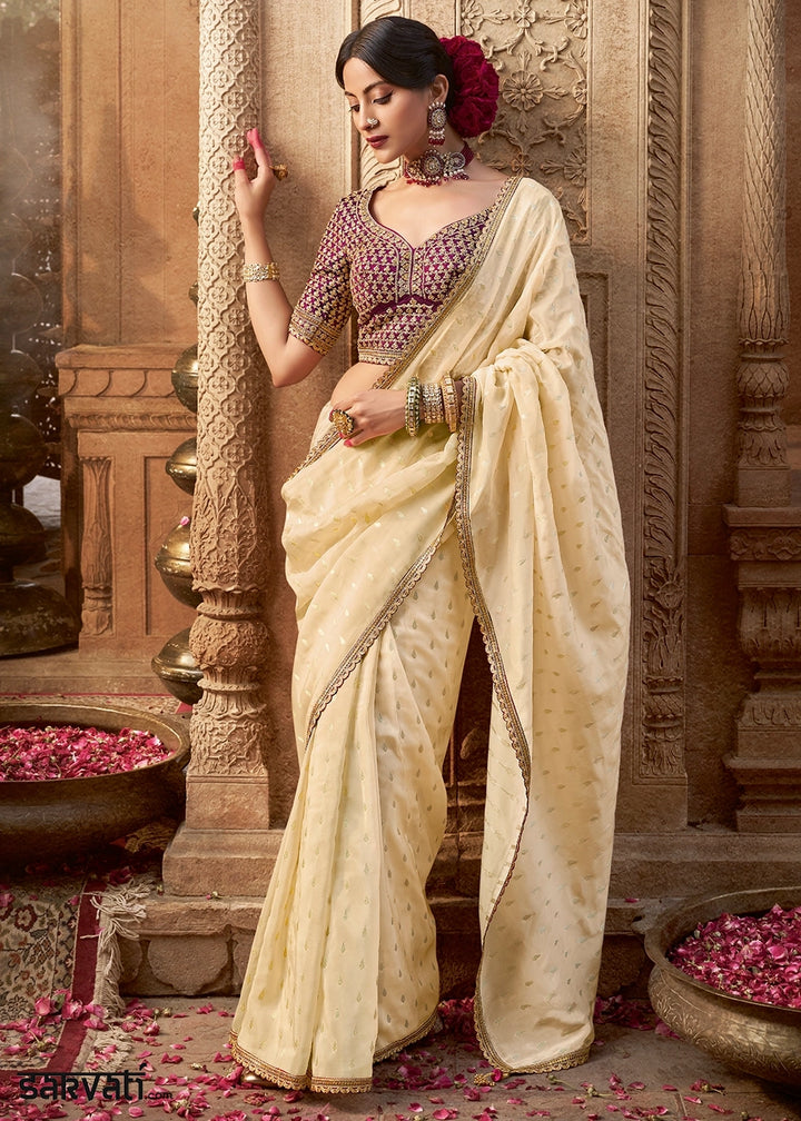 Cream White Butta Work Viscose Silk Saree Paired with Embroidered Blouse