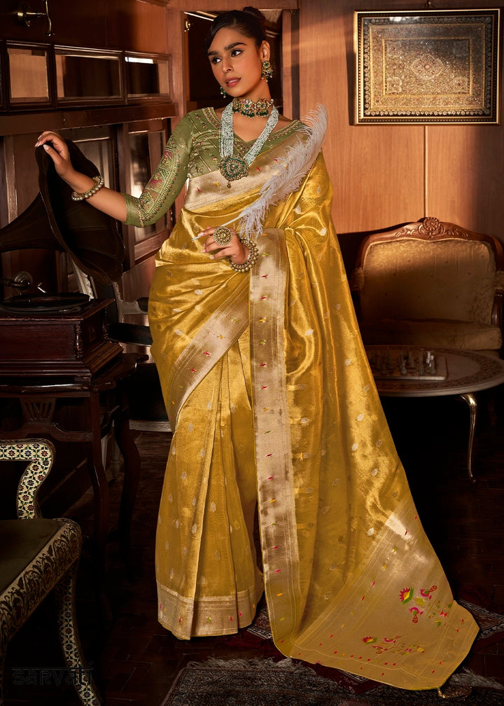 Mustard Yellow Tissue Silk Paithani Saree with Heavy Hand Embroidered Blouse