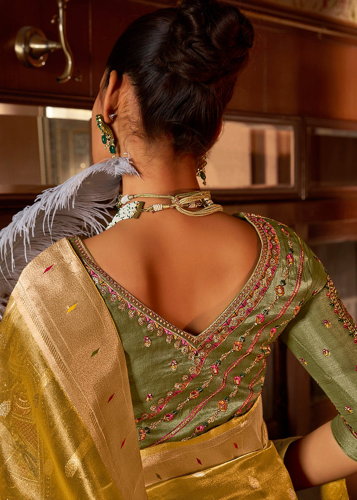 Mustard Yellow Tissue Silk Paithani Saree with Heavy Hand Embroidered Blouse