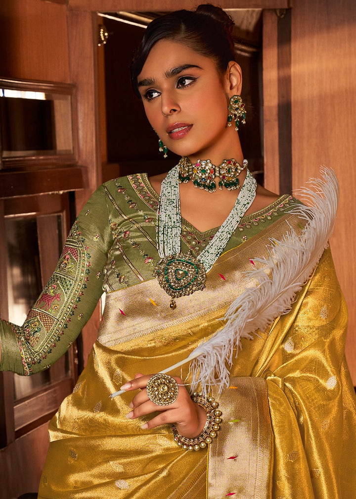 Mustard Yellow Tissue Silk Paithani Saree with Heavy Hand Embroidered Blouse
