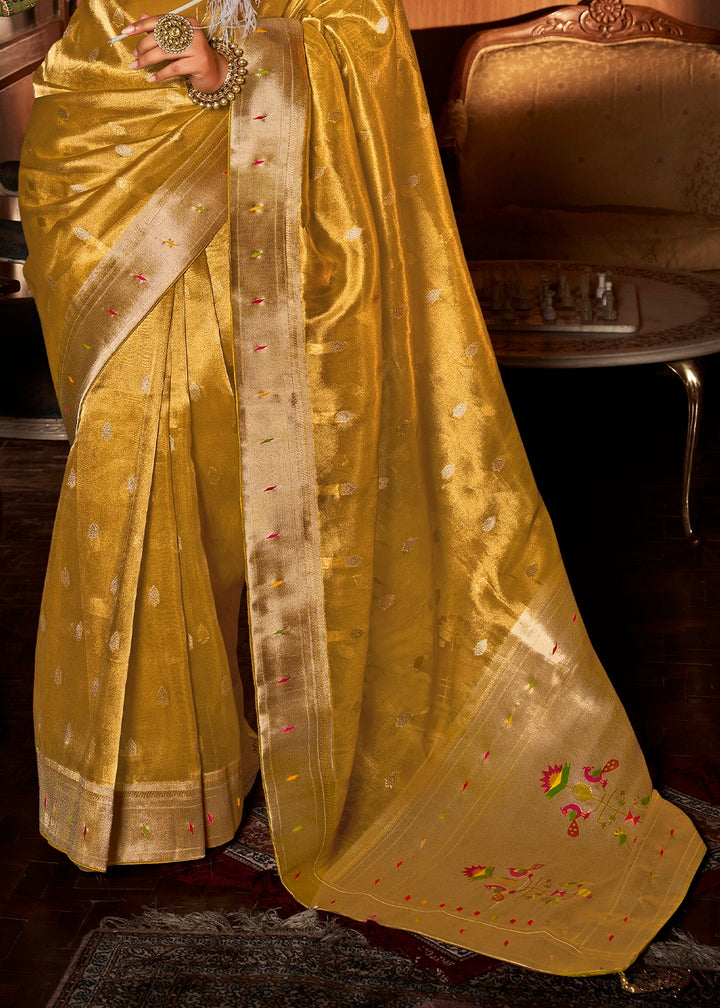 Mustard Yellow Tissue Silk Paithani Saree with Heavy Hand Embroidered Blouse