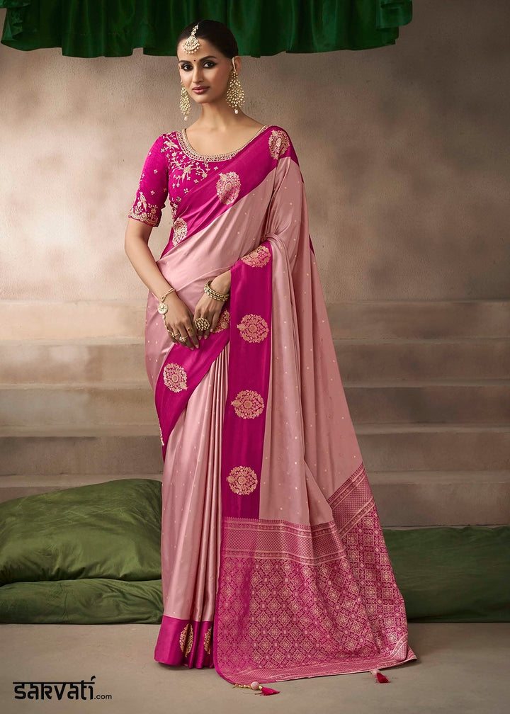 Blush Pink Satin Silk Saree with Zari Border & Embroidered Blouse