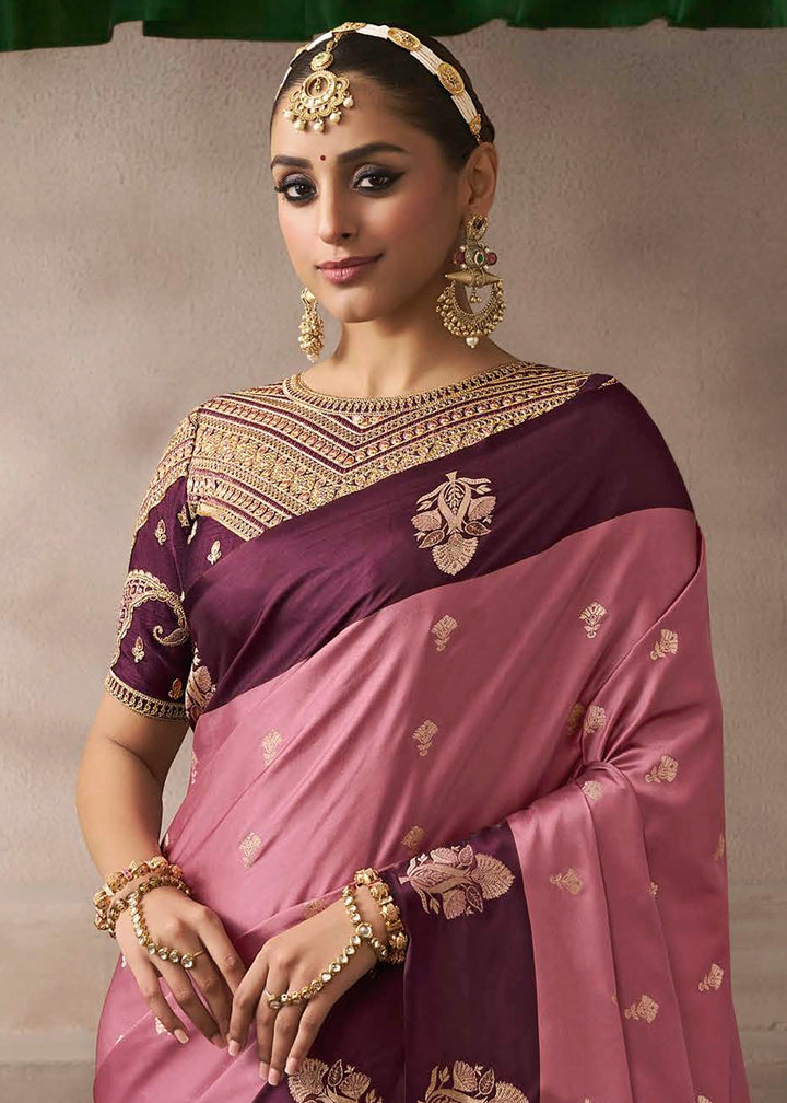 Pearly Purple Satin Silk Saree with Zari Border & Embroidered Blouse