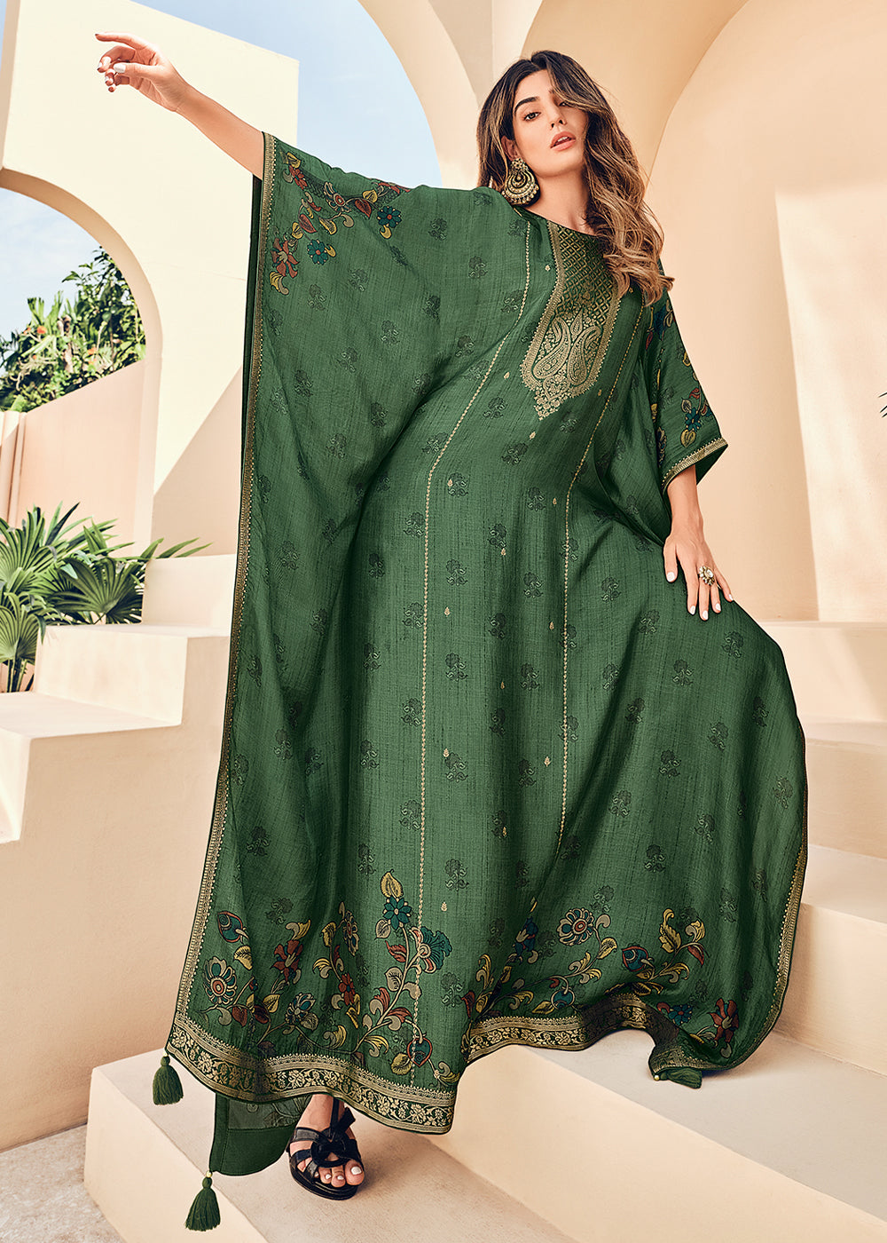 Emerald Green Floral Digital Print Kaftan Set in Woven Viscose, S Emerald Green Floral Digital Print Kaftan Set in Woven Viscose, S