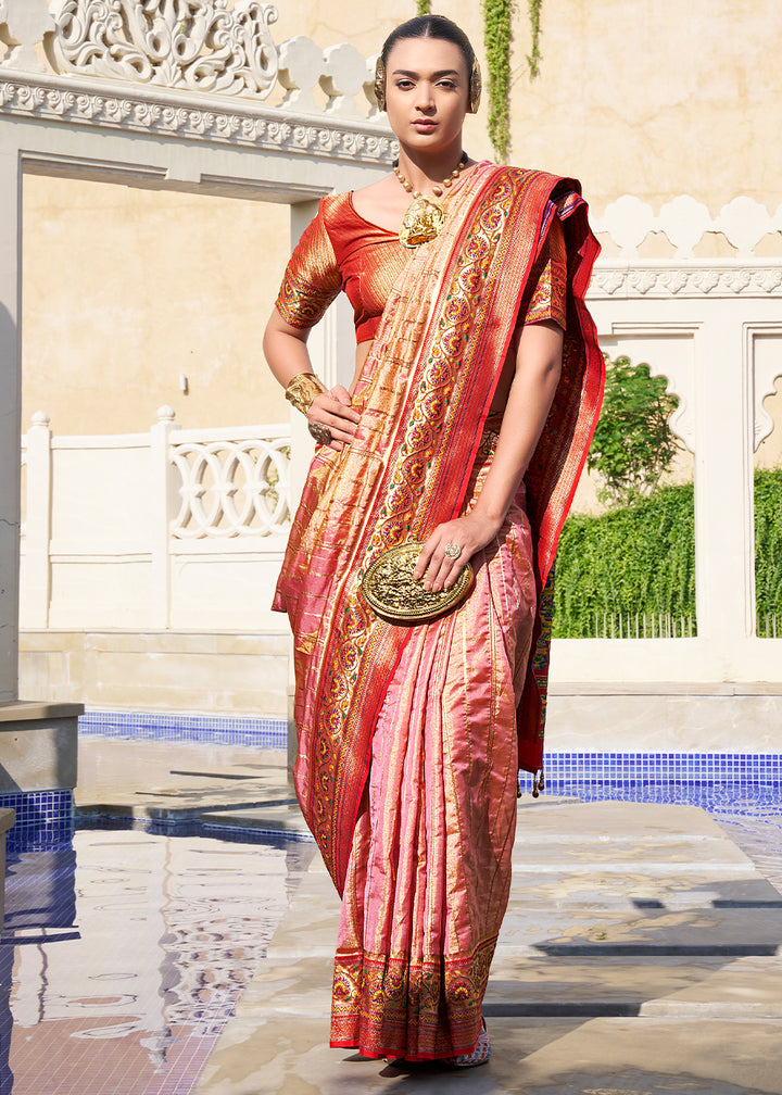 Pink & Brown Tanchoi Woven Banarasi Silk Saree for Timeless Elegance