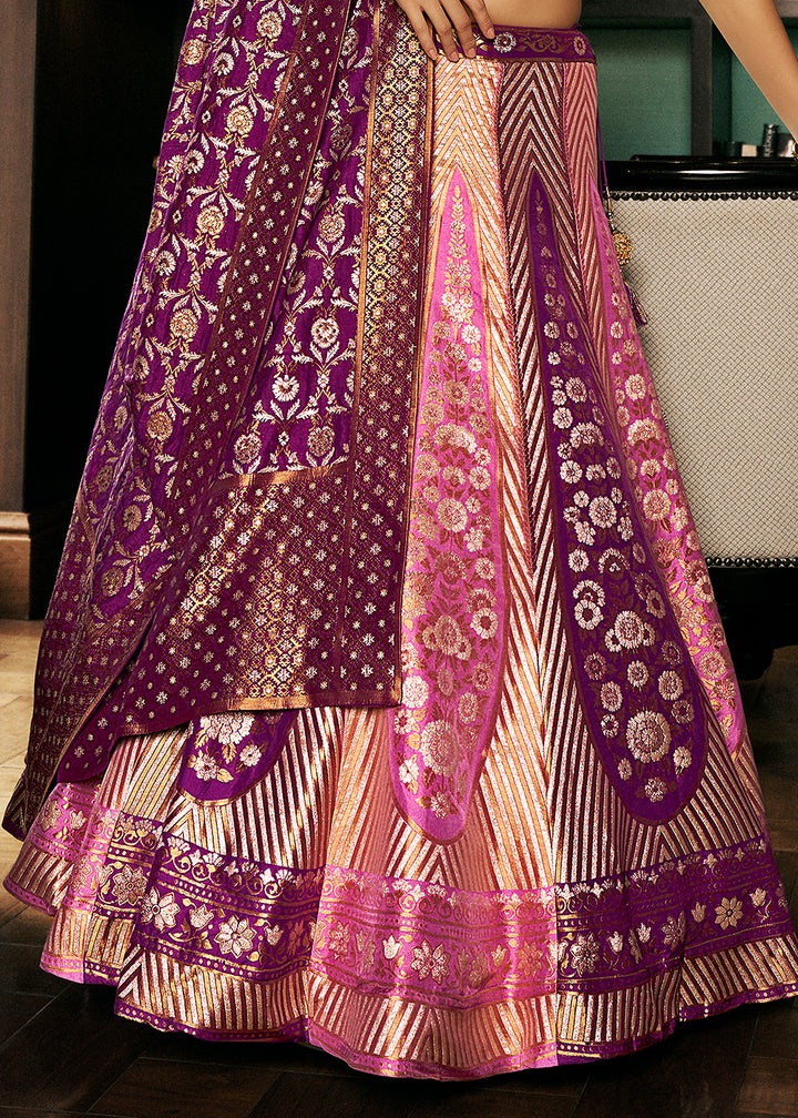 Shades of Purple Bridal Lehenga Choli with Intricate Embroidery on Banarasi Silk